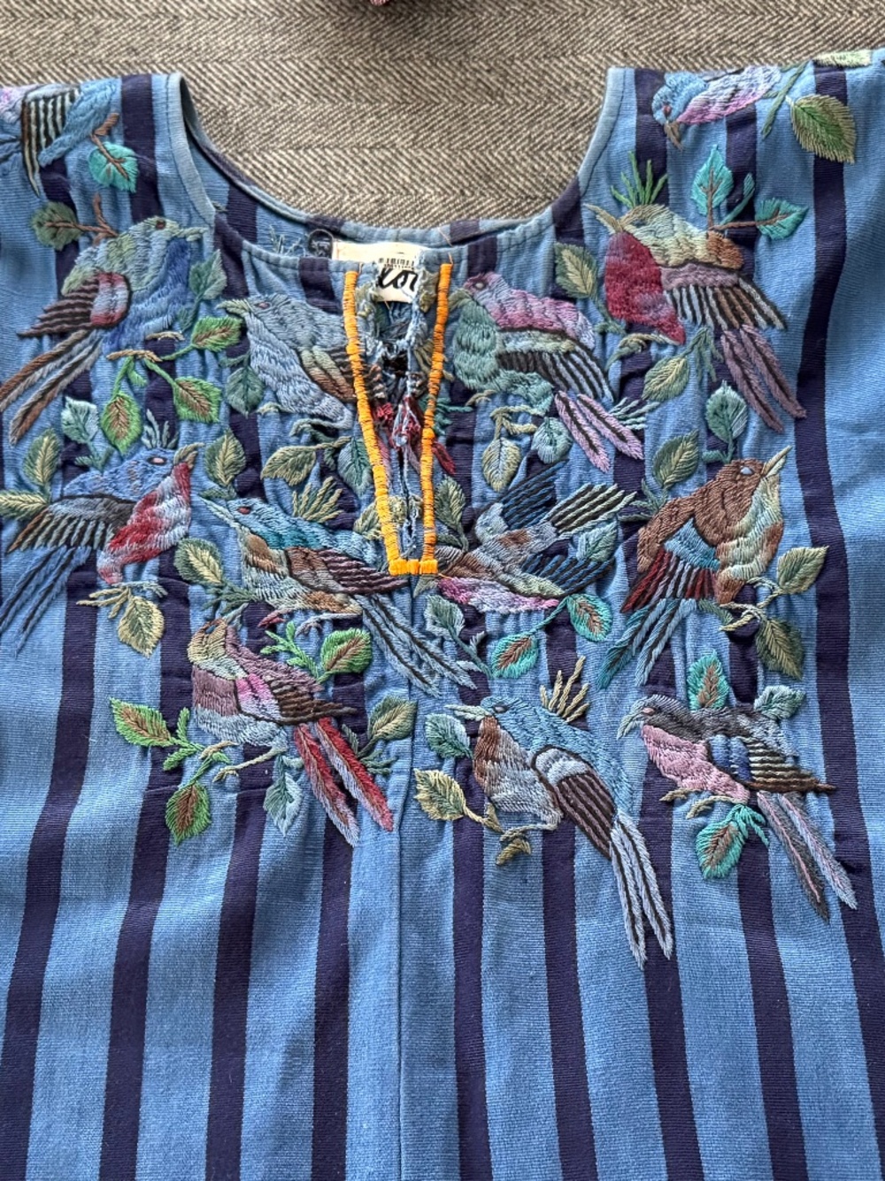 ARLOOM, VINTAGE HUIPIL IN BLUE STRIPES WITH INCREDIBLE EMBROIDERED BIRDS